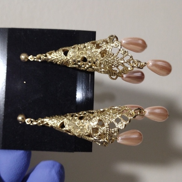 Women's Gold-tone Filigree Cone Shape Design Beaded Drop Dangle Earrings, #4 - Picture 3 of 5